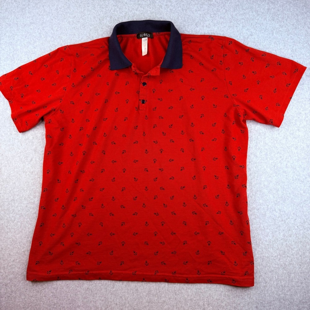 Suwen Men Red Anchor Print Short Sleeve Polo Shirt XXL Nautical Navy Collar